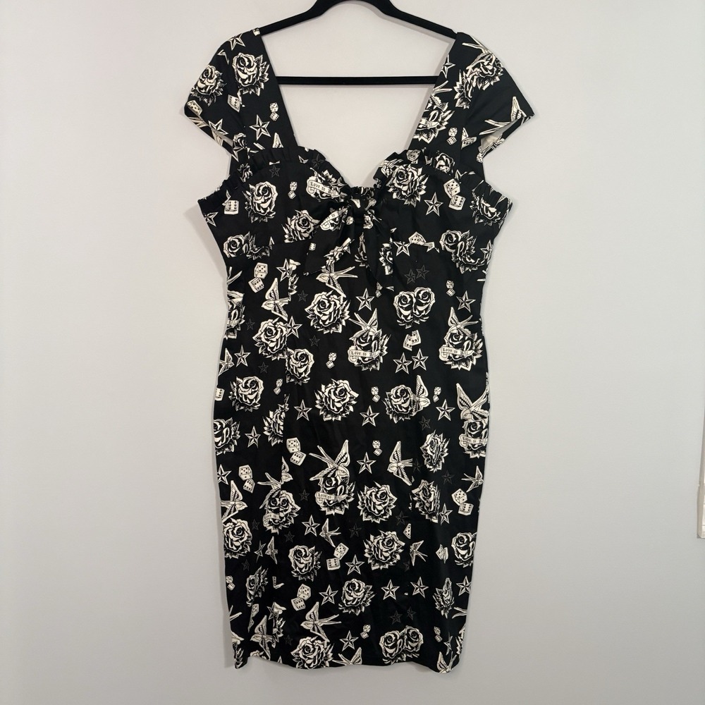VTG Living Dead Souls Rockabilly Pencil Dress Y2K Tattoo Dice Rose Bird Goth XXL